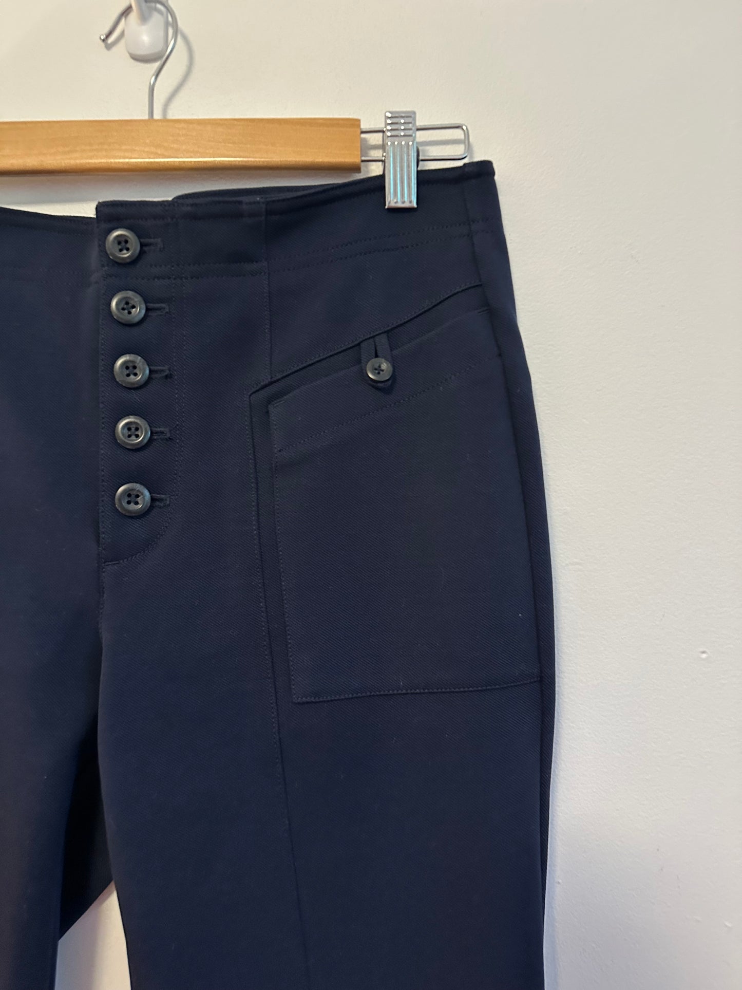 Anthropologie Bryson Button Front High Rise Tapered Leg Pants in Navy Blue | Size 8