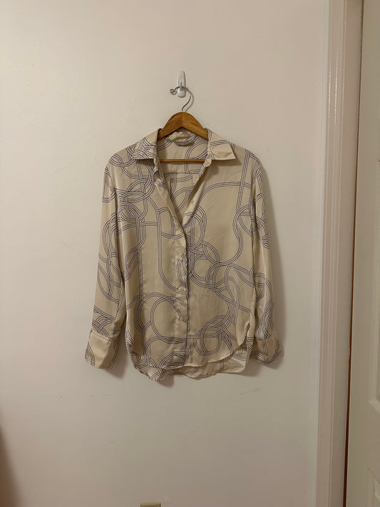 H & M Oversized Patterned Silky Button Down Blouse in Cream with Black Print