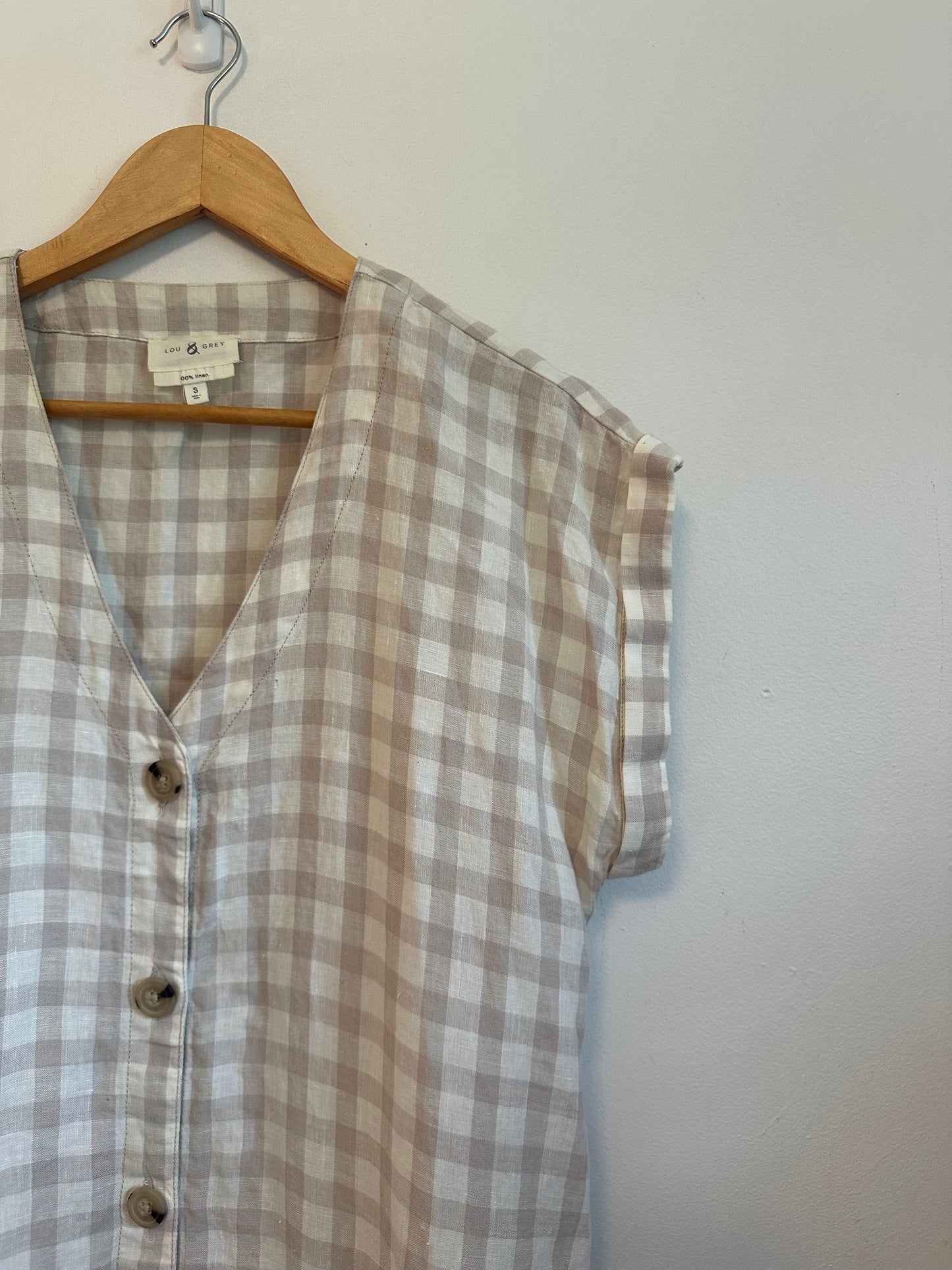 Lou & Grey 100% Linen Gingham Button Front Shift Dress | Size Small