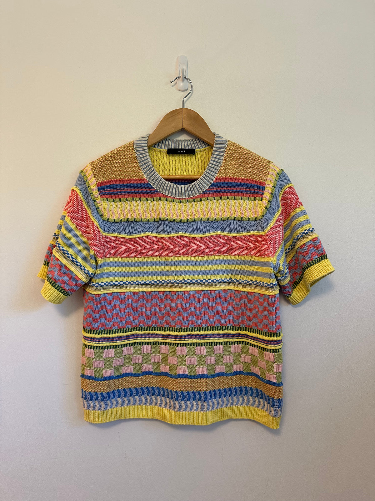 Oui Multi Color Mixed Geometric Knit Short Sleeve Cotton Sweater | Size 8