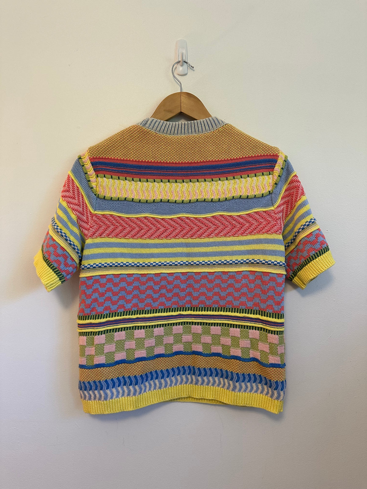 Oui Multi Color Mixed Geometric Knit Short Sleeve Cotton Sweater | Size 8