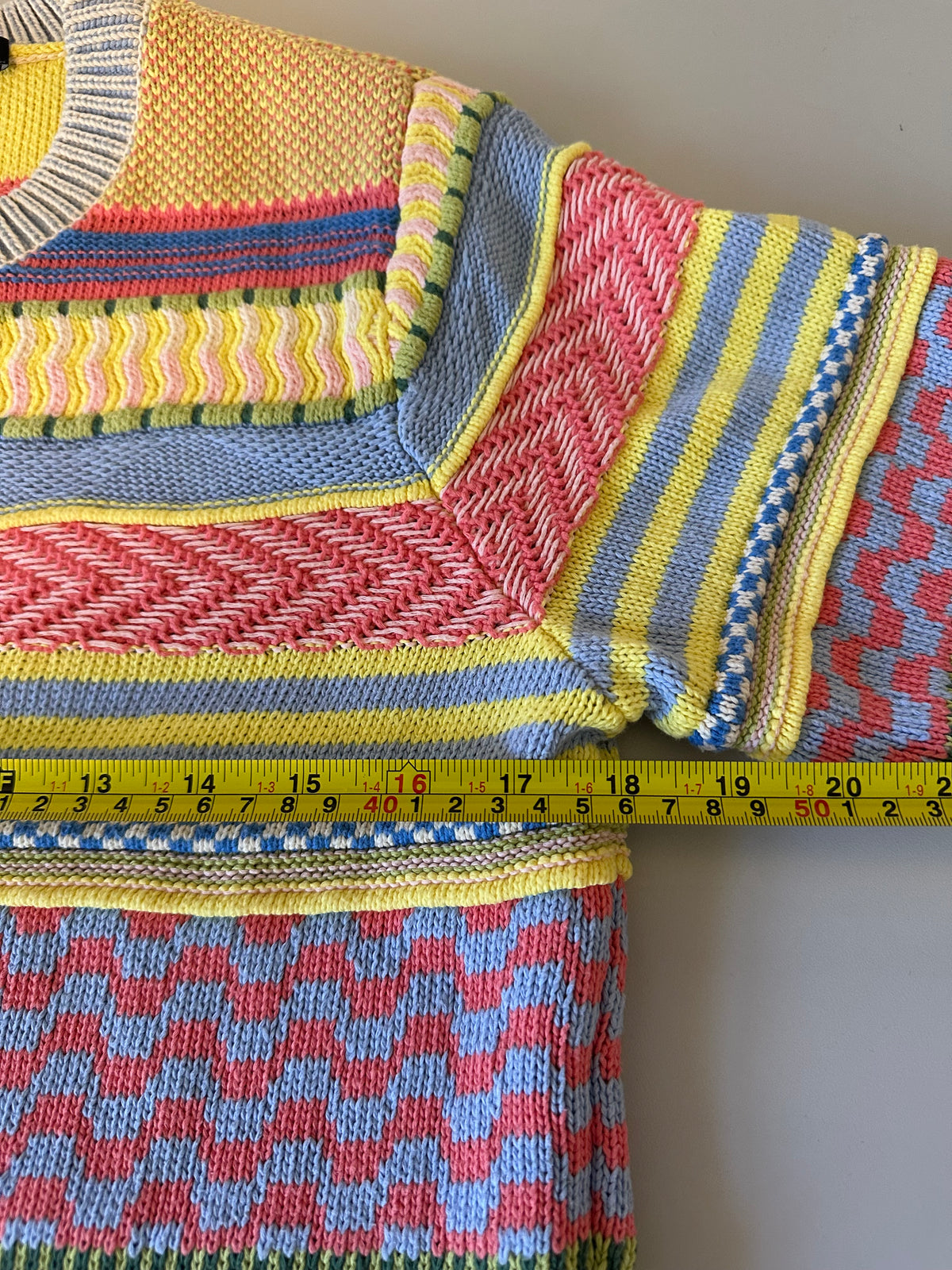 Oui Multi Color Mixed Geometric Knit Short Sleeve Cotton Sweater | Size 8