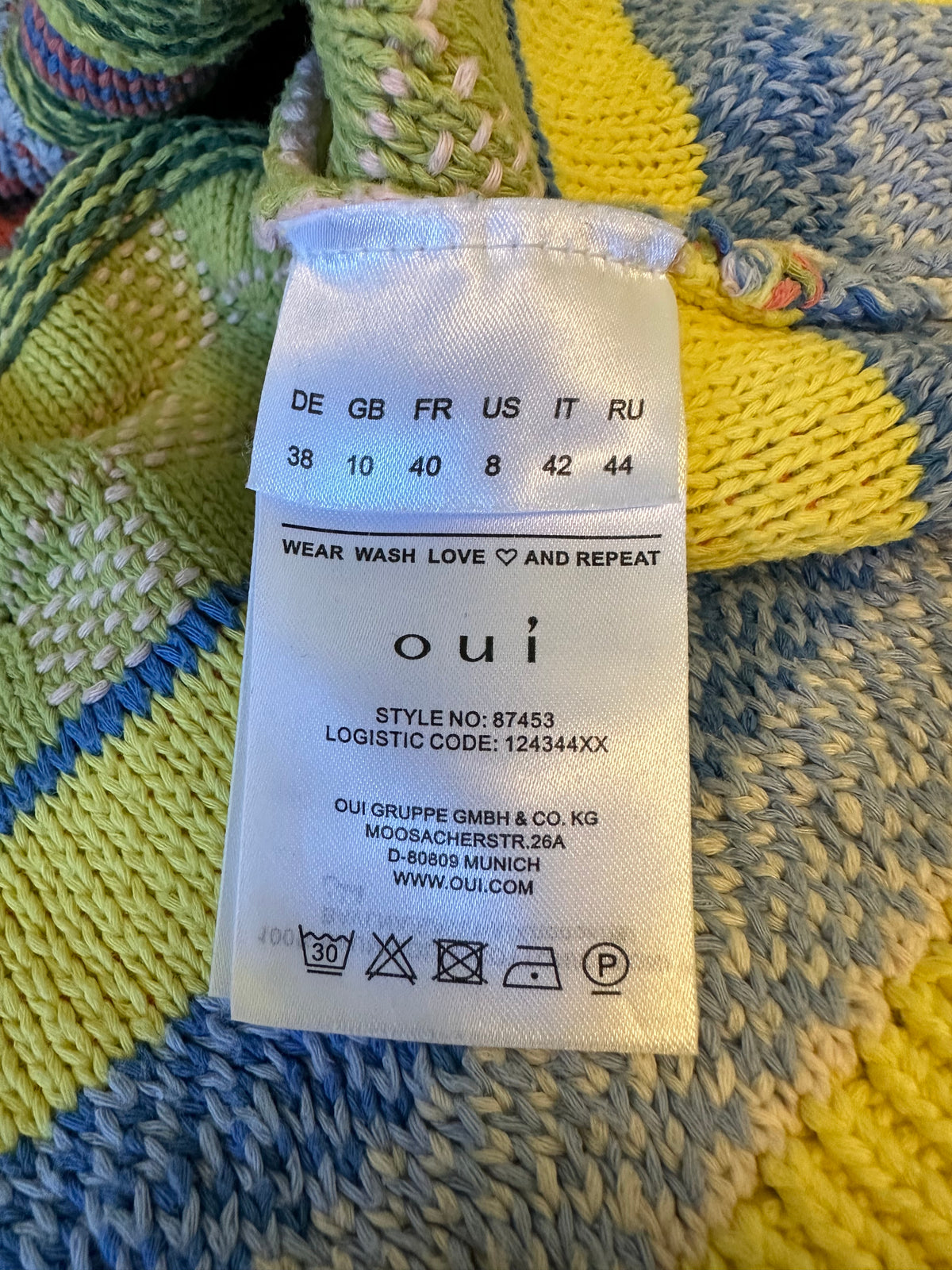 Oui Multi Color Mixed Geometric Knit Short Sleeve Cotton Sweater | Size 8