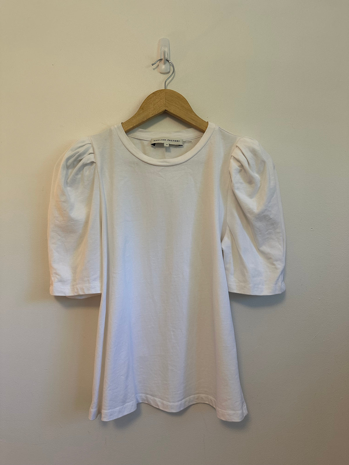 English Factory White Puff Short Sleeve Cotton Crew Neck T-Shirt | Size Medium