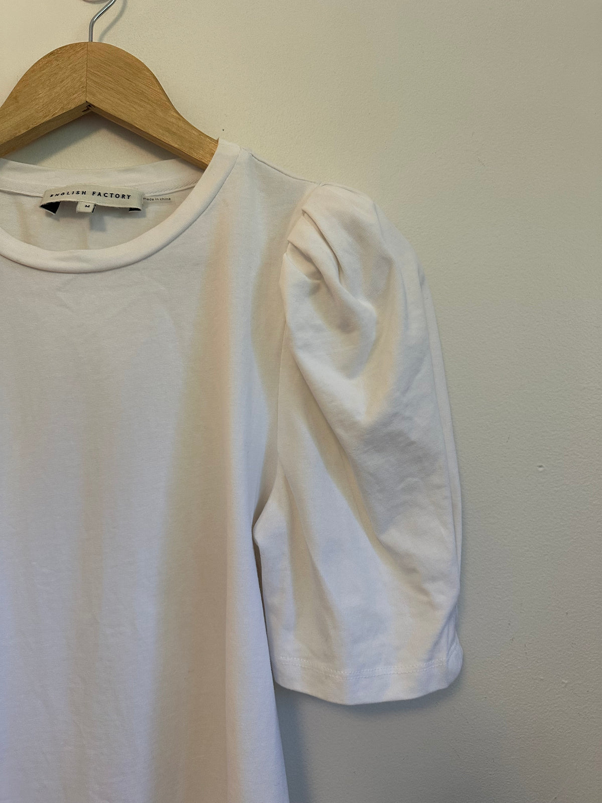 English Factory White Puff Short Sleeve Cotton Crew Neck T-Shirt | Size Medium