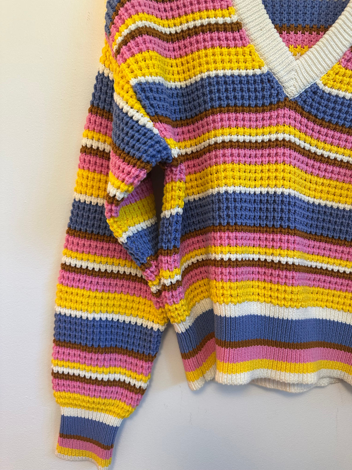 & Other Stories Striped V-Neck Multicolor Chunky Knit Sweater | Size Medium