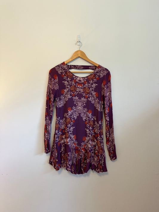 Free People Purple Floral Open Back Long Sleeve Ruffle Tunic Top | Size Medium