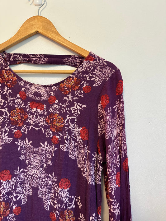 Free People Purple Floral Open Back Long Sleeve Ruffle Tunic Top | Size Medium