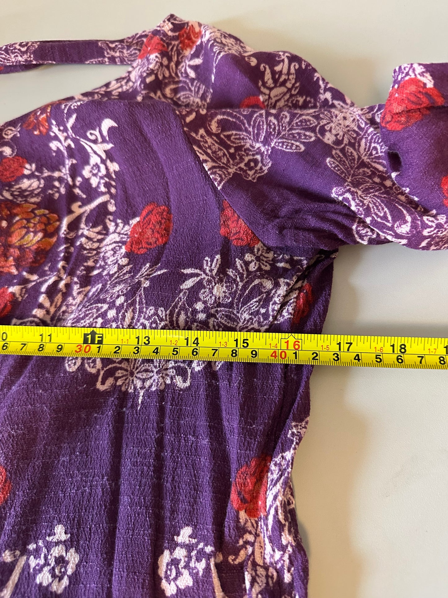 Free People Purple Floral Open Back Long Sleeve Ruffle Tunic Top | Size Medium
