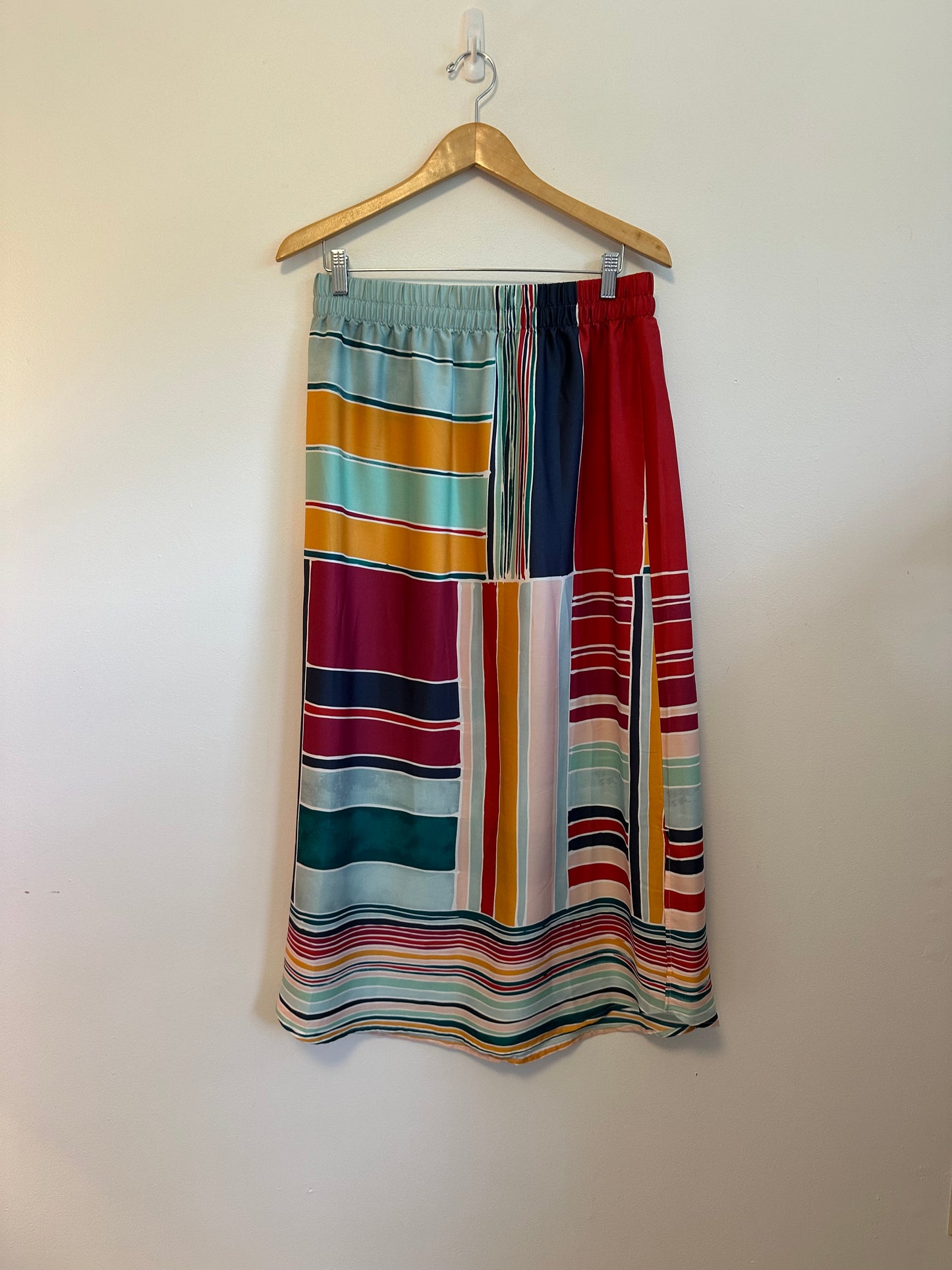 LoftMulti Color Patchwork Stripe Elastic Waist Midi Skirt | Size Medium