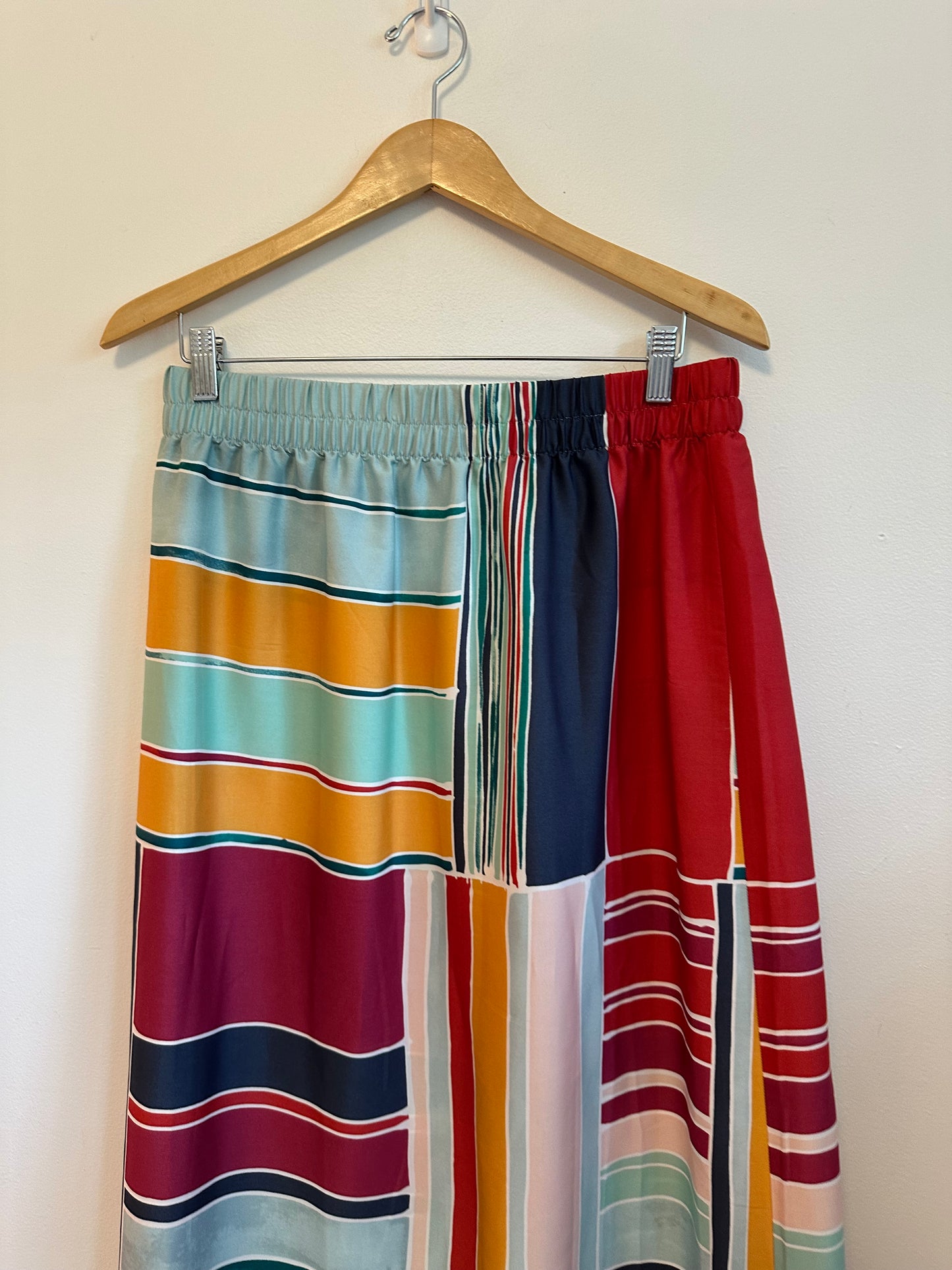 LoftMulti Color Patchwork Stripe Elastic Waist Midi Skirt | Size Medium