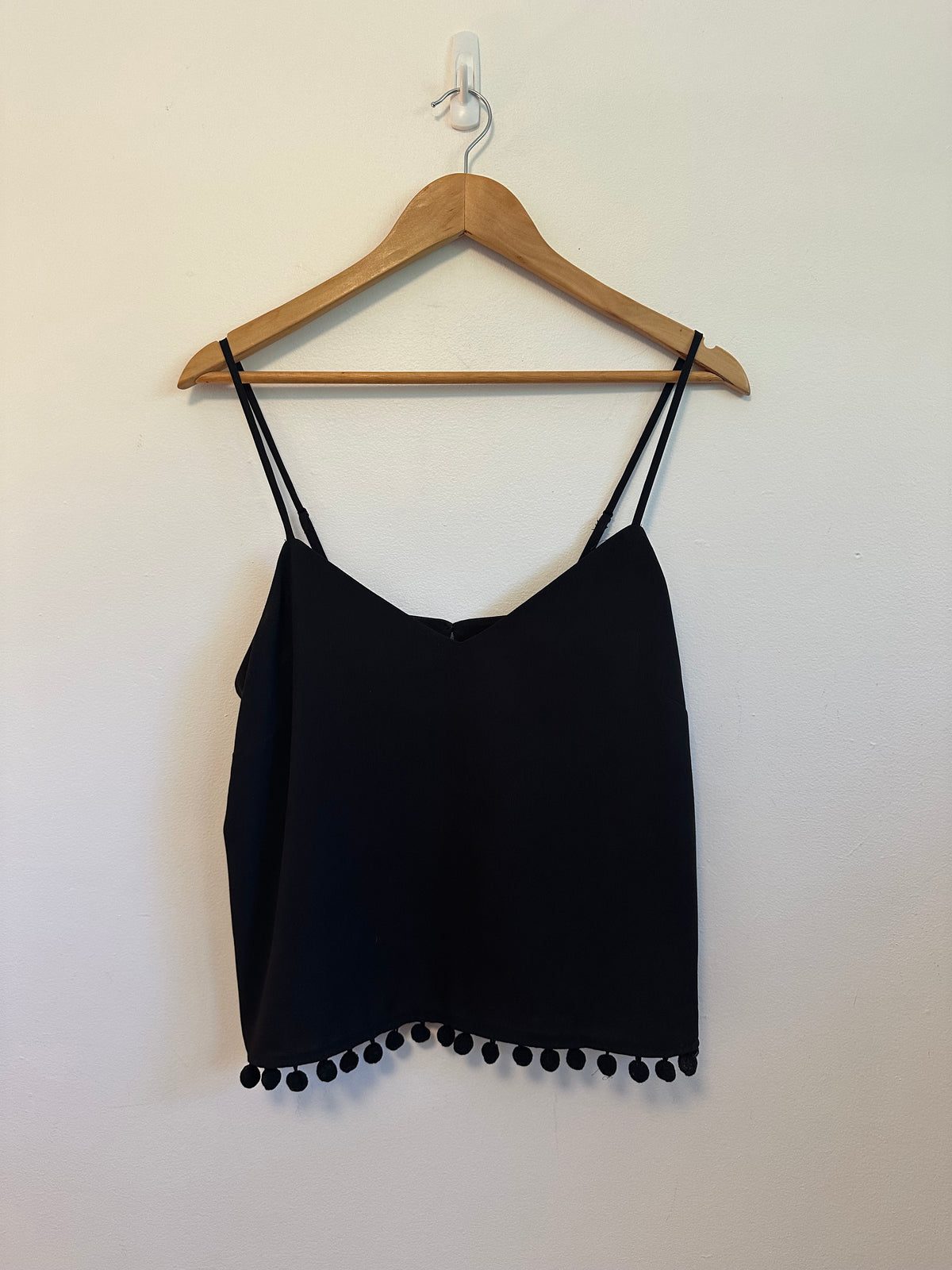 French Connection Black Pom Pom Trim V-Neck Cami | Size Medium