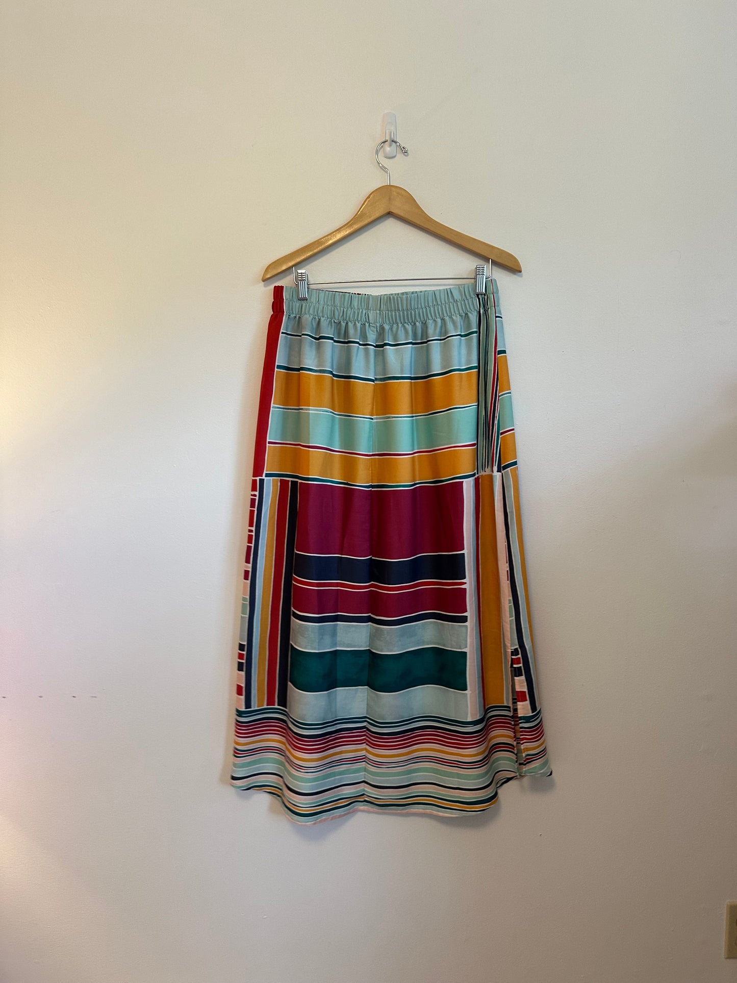 LoftMulti Color Patchwork Stripe Elastic Waist Midi Skirt | Size Medium
