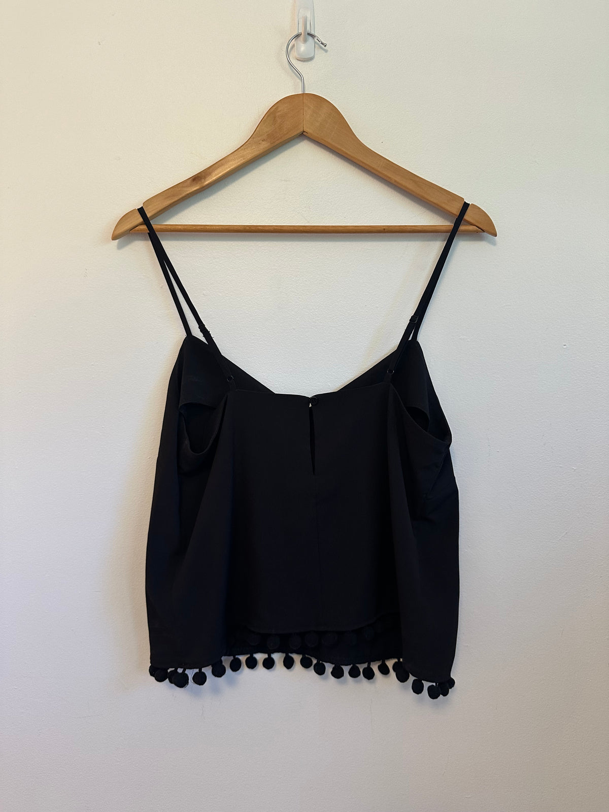 French Connection Black Pom Pom Trim V-Neck Cami | Size Medium