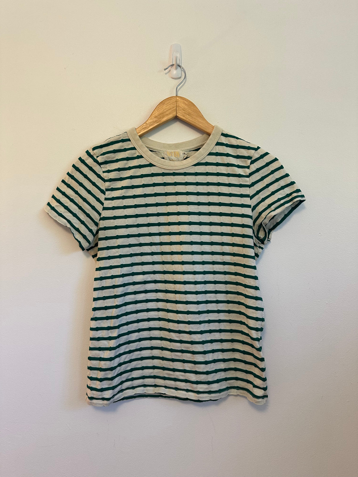 Nation LTD Laurence Shrunken Vintage Green and White Stripe T-Shirt | Size Large