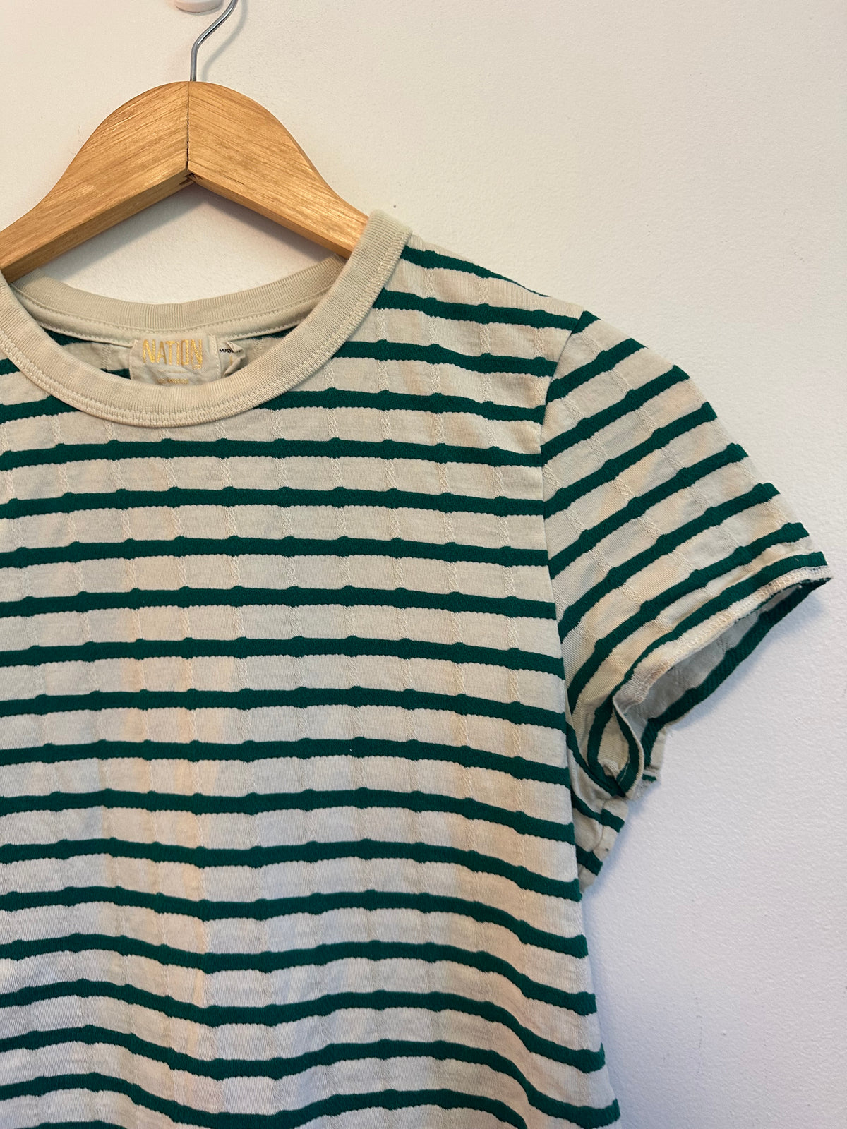 Nation LTD Laurence Shrunken Vintage Green and White Stripe T-Shirt | Size Large