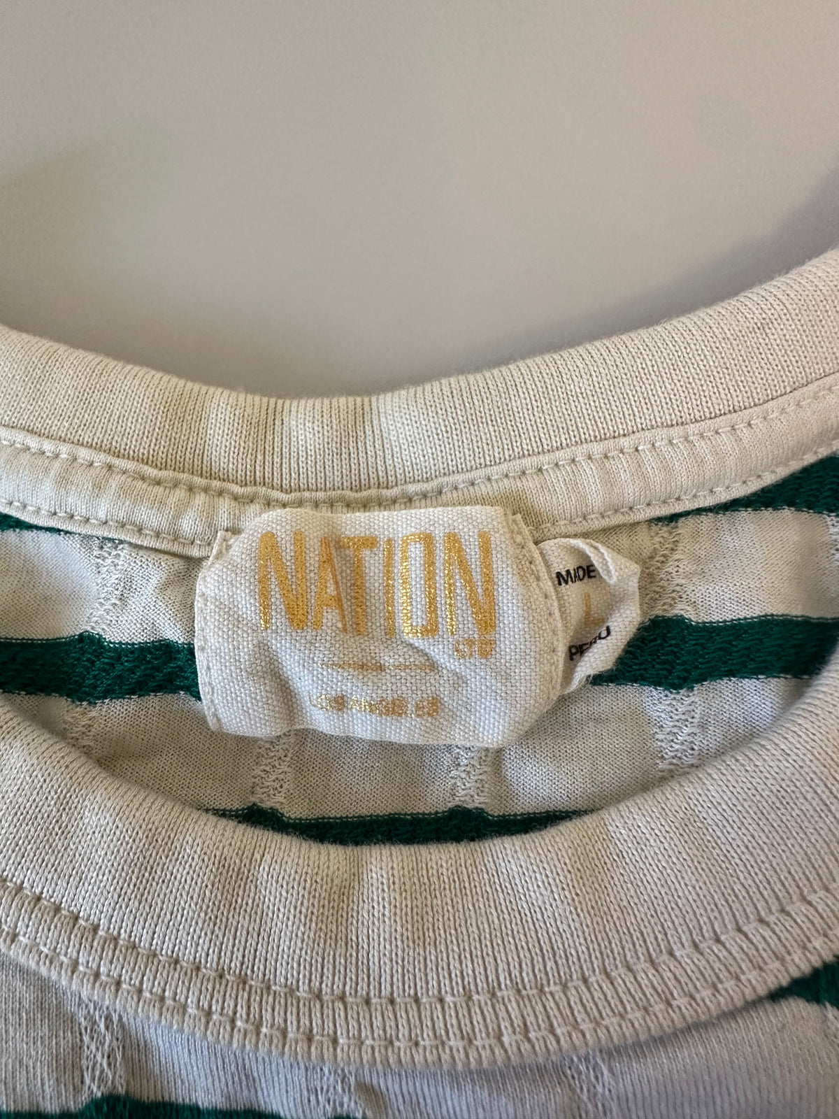 Nation LTD Laurence Shrunken Vintage Green and White Stripe T-Shirt | Size Large
