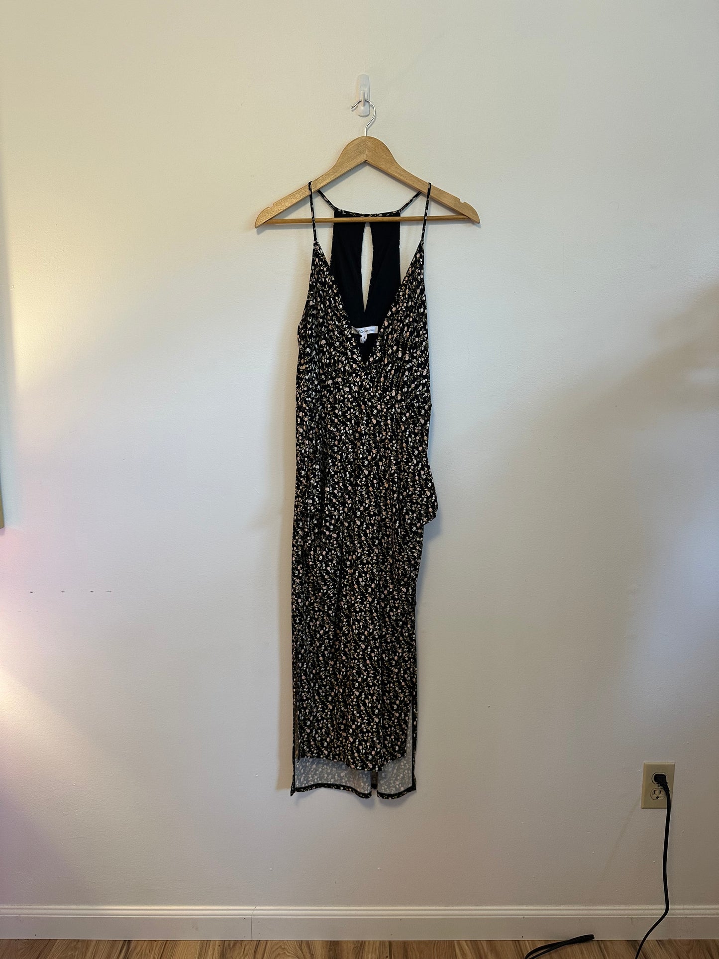 BCBGeneration Black Floral Racerback Midi Dress | Size Medium