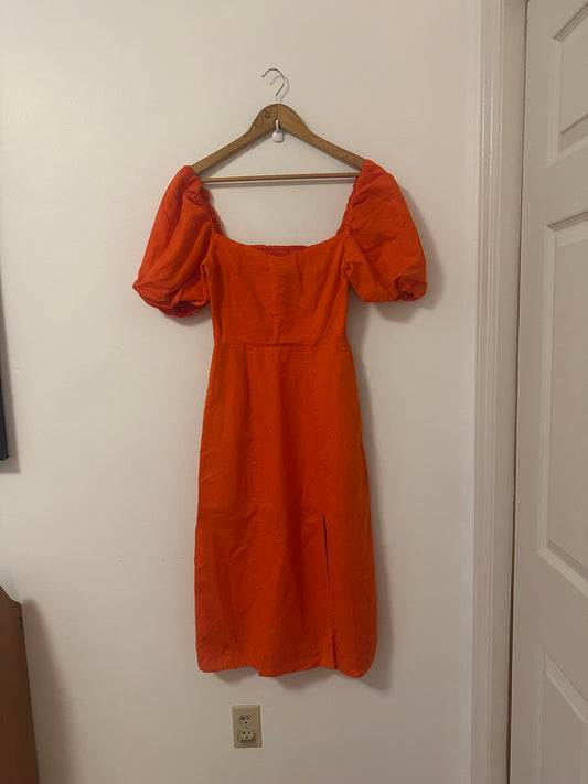 Banana Republic Bright Orange Puff Sleeve Midi Dress | Size 0
