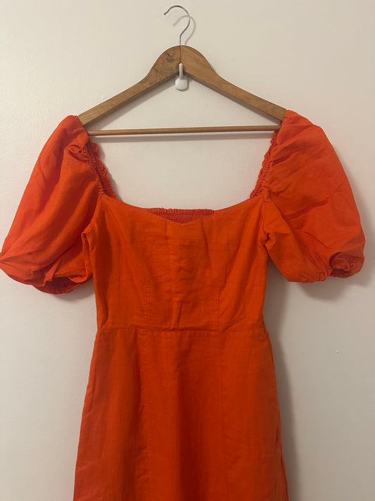 Banana Republic Bright Orange Puff Sleeve Midi Dress | Size 0
