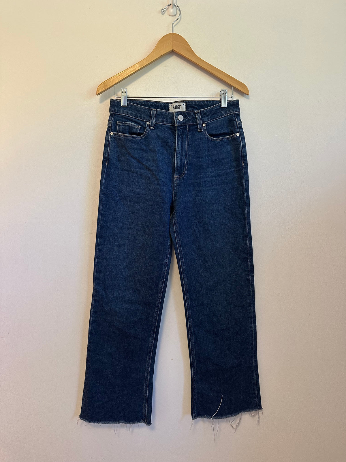 Paige Leenah Ankle High Rise Wide Leg Raw Hem Jeans in Dark Indigo | Size 28