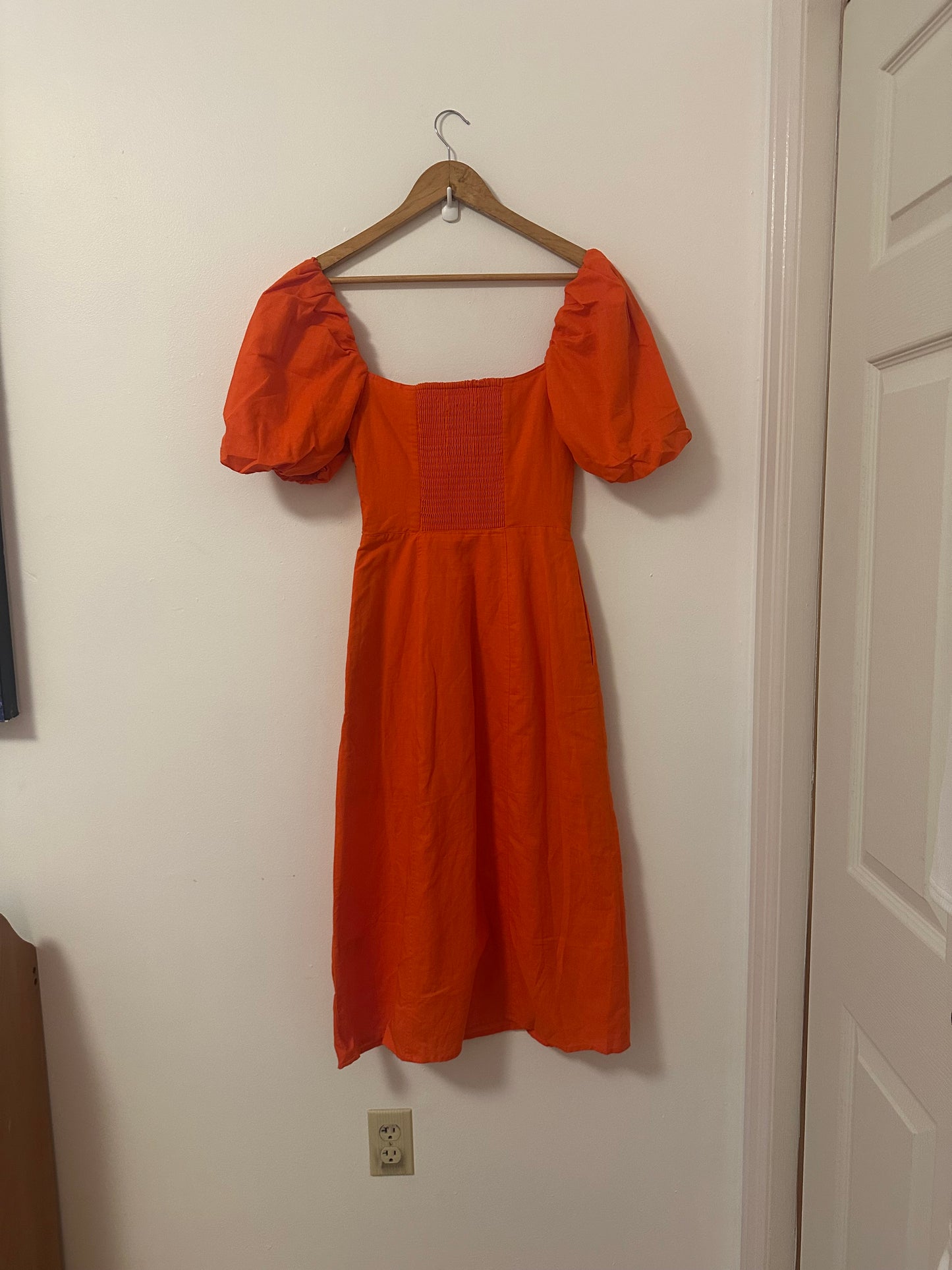 Banana Republic Bright Orange Puff Sleeve Midi Dress | Size 0