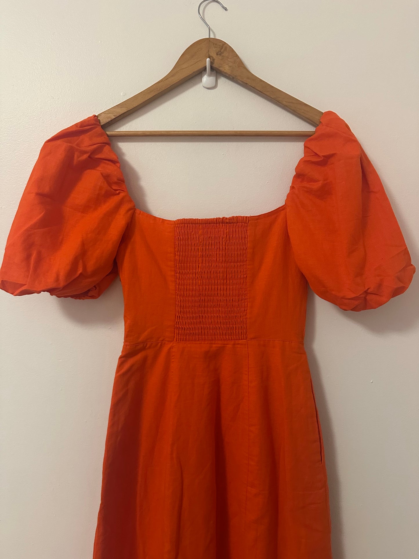 Banana Republic Bright Orange Puff Sleeve Midi Dress | Size 0