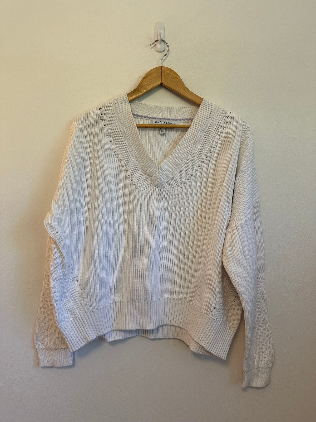 Michael Stars White 100% Cotton V-Neck Ribbed Pointelle Knit Sweater | Size Large