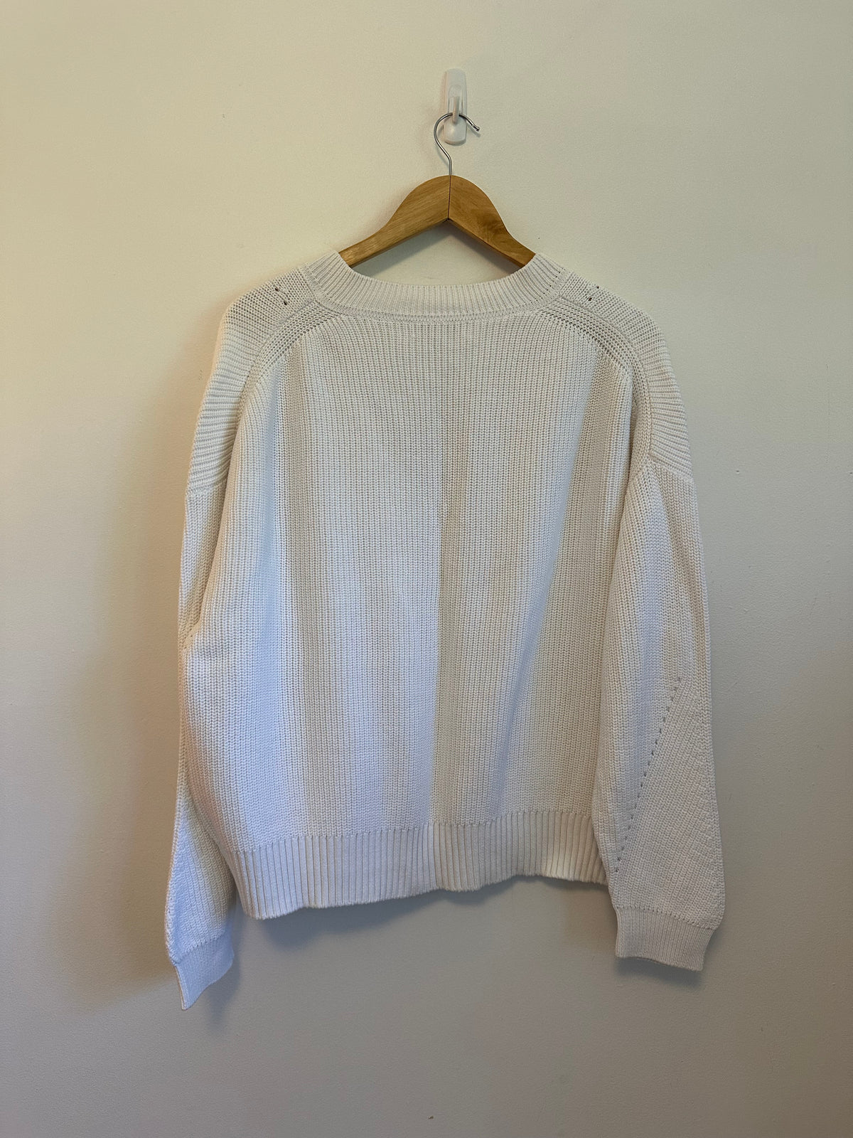 Michael Stars White 100% Cotton V-Neck Ribbed Pointelle Knit Sweater | Size Large
