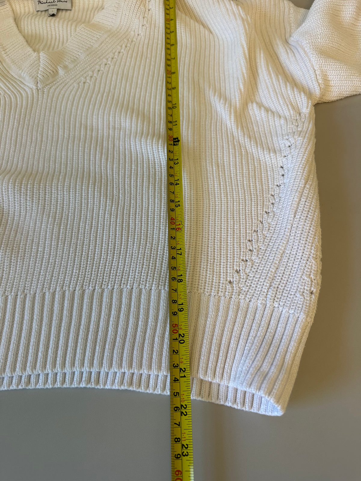 Michael Stars White 100% Cotton V-Neck Ribbed Pointelle Knit Sweater | Size Large