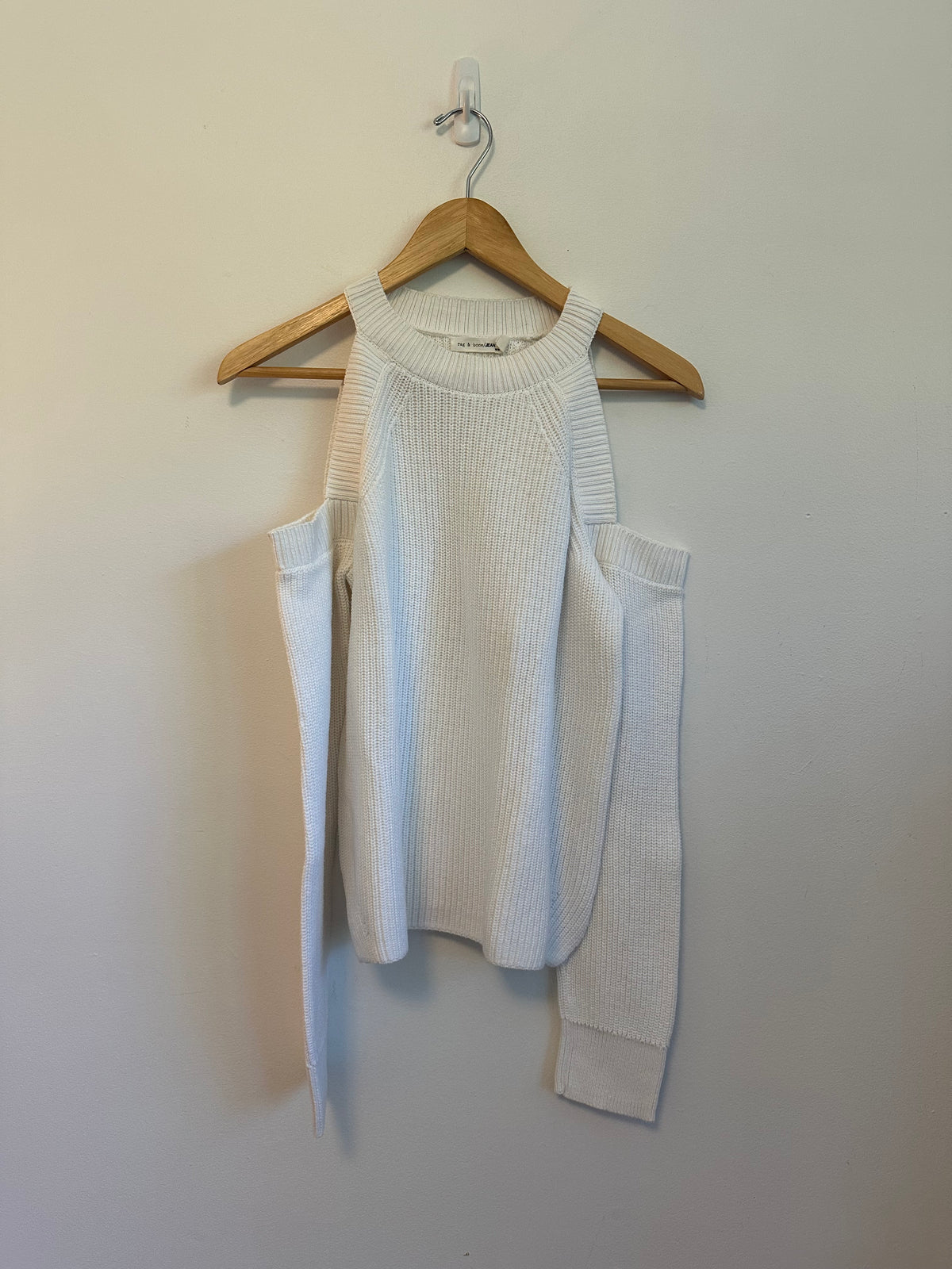 Rag & Bone Dana White Cotton Cold Shoulder Ribbed Knit Sweater | Size Medium
