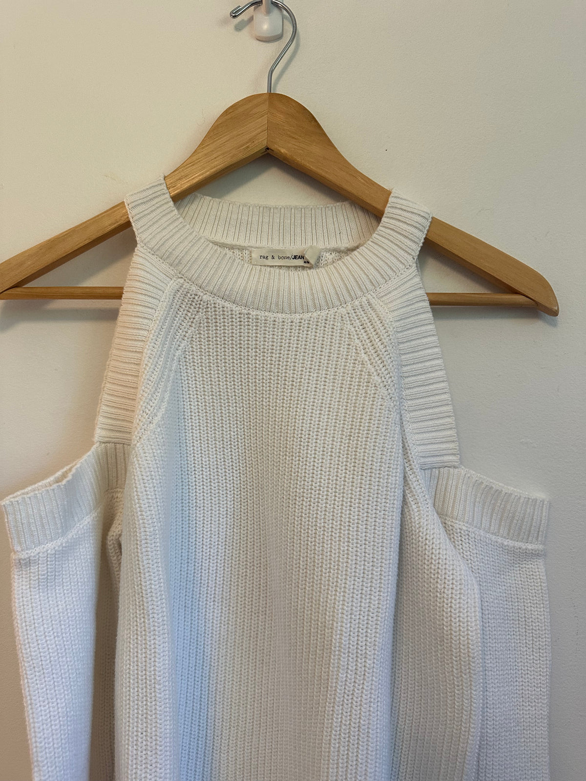 Rag & Bone Dana White Cotton Cold Shoulder Ribbed Knit Sweater | Size Medium