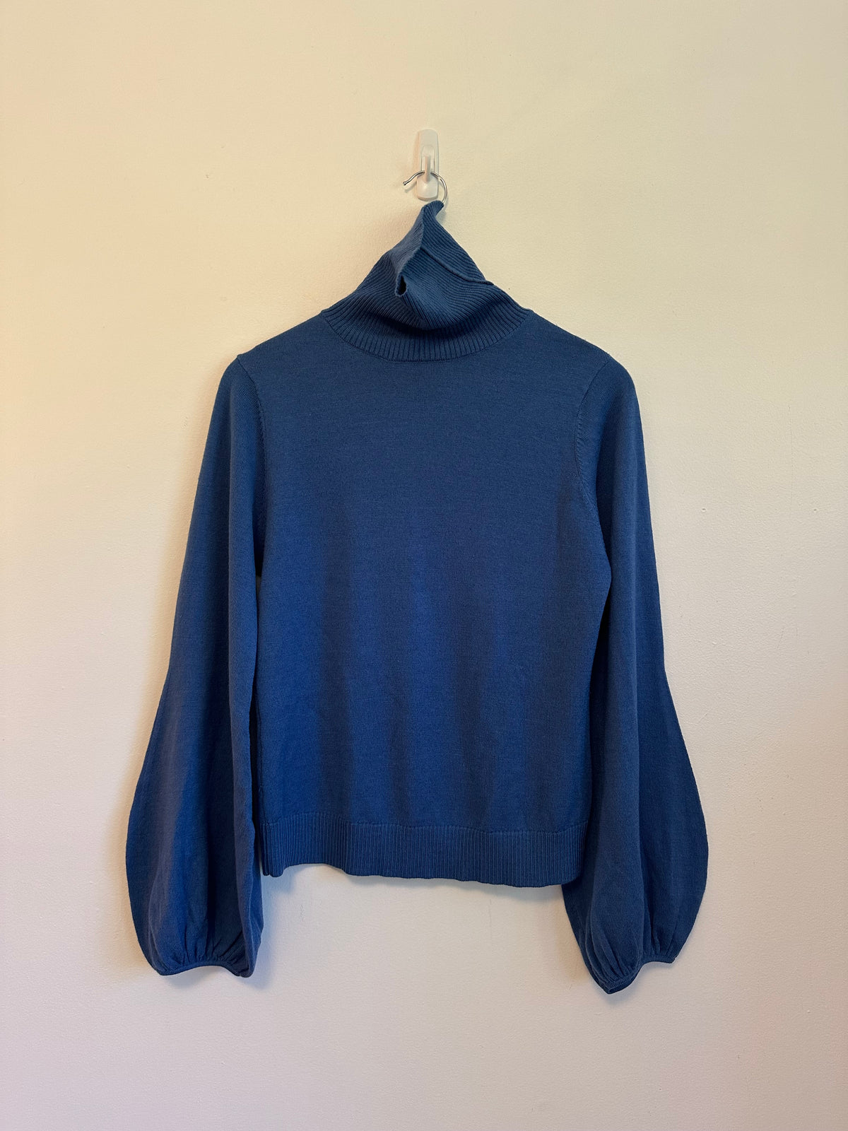 STAUD Blue Wool Blend Lantern Puff Sleeve Turtleneck Sweater | Size Large