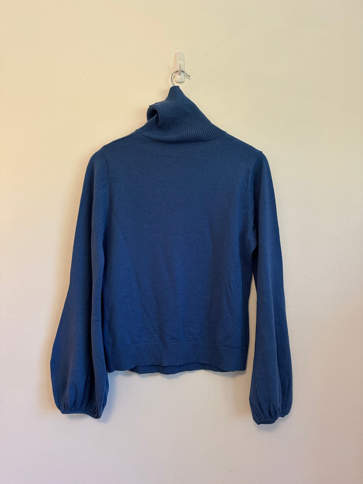 STAUD Blue Wool Blend Lantern Puff Sleeve Turtleneck Sweater | Size Large