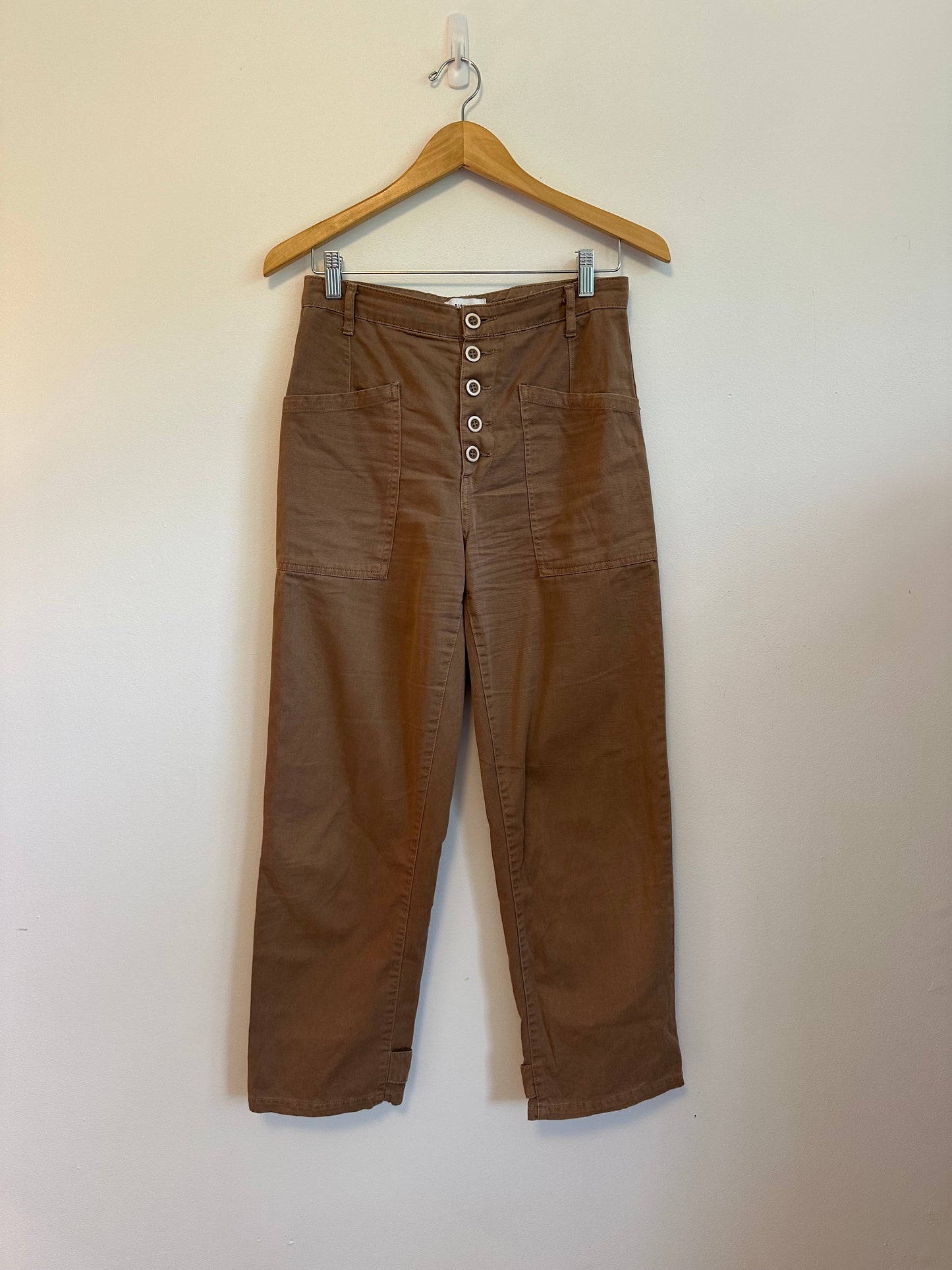 Pistola High Rise Button Fly Straight Leg Utility Pants in Brown | Size 27
