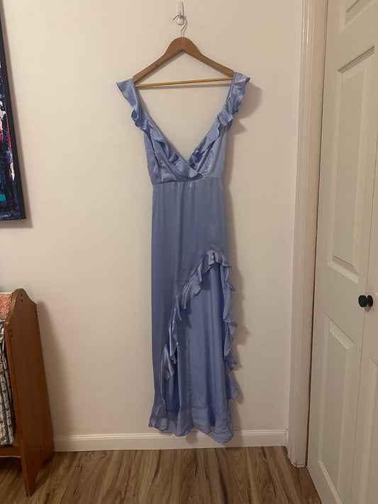 Amanda Uprichard Ruffle High Low Maxi Dress in Baby Blue Silk | Size Small