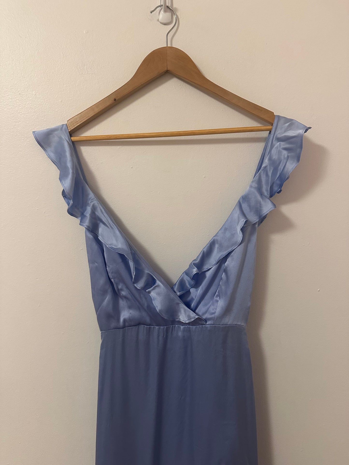 Amanda Uprichard Ruffle High Low Maxi Dress in Baby Blue Silk | Size Small