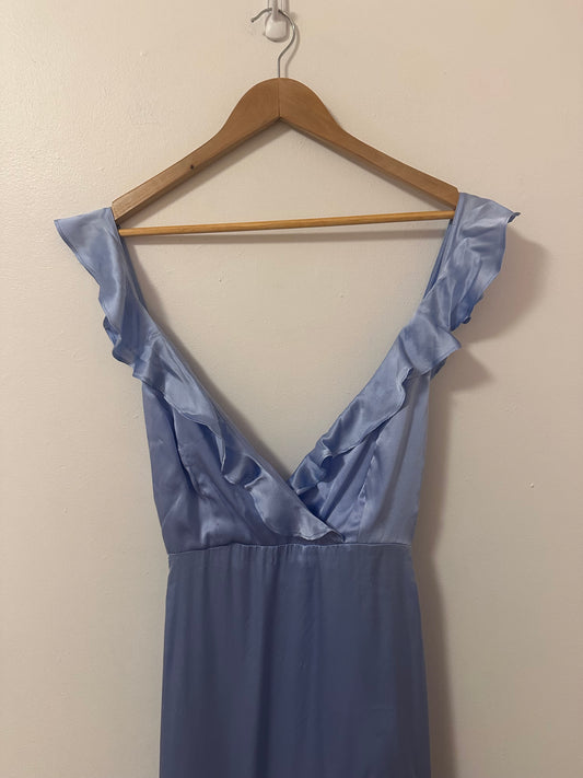 Amanda Uprichard Ruffle High Low Maxi Dress in Baby Blue Silk | Size Small