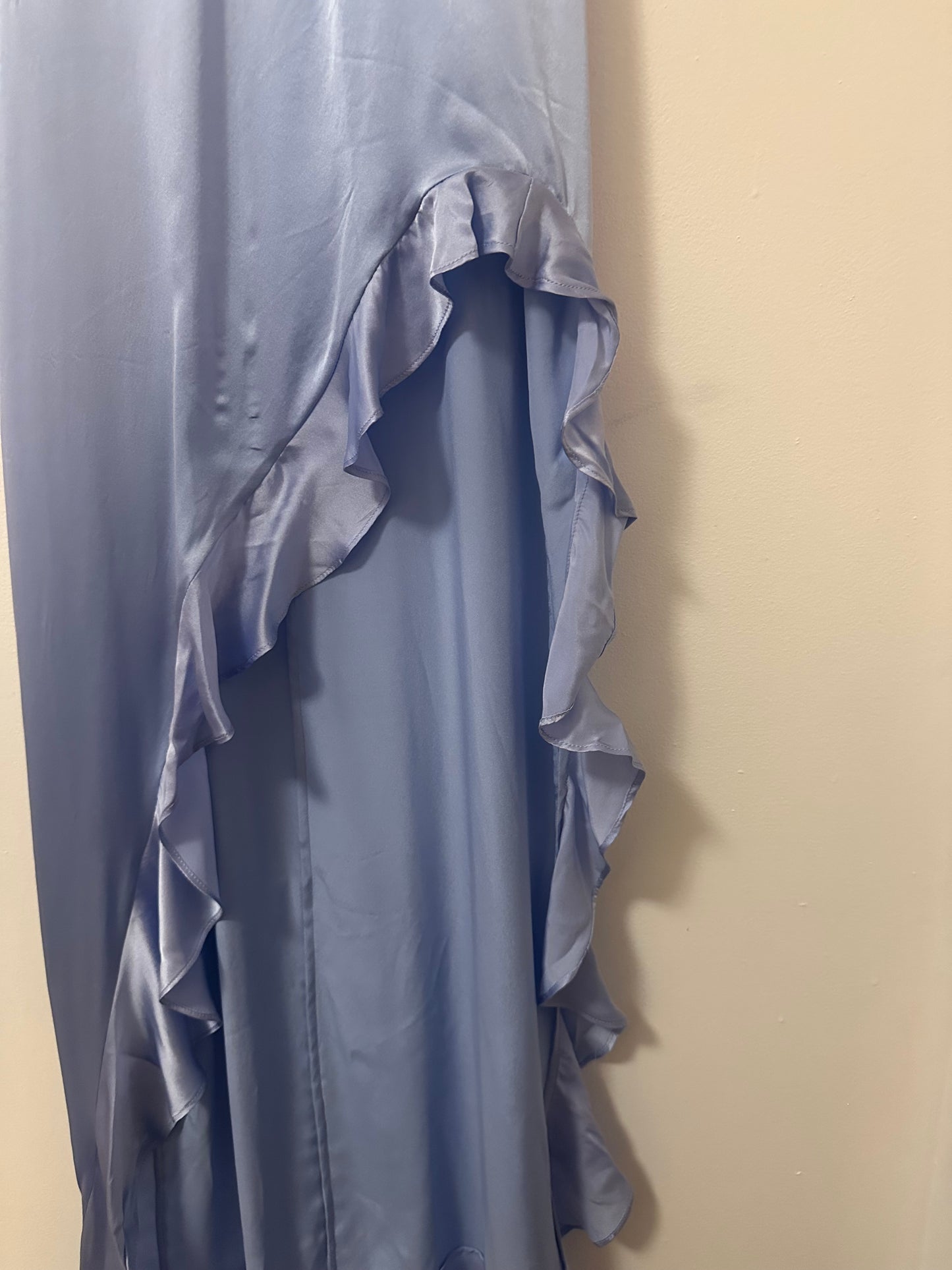 Amanda Uprichard Ruffle High Low Maxi Dress in Baby Blue Silk | Size Small