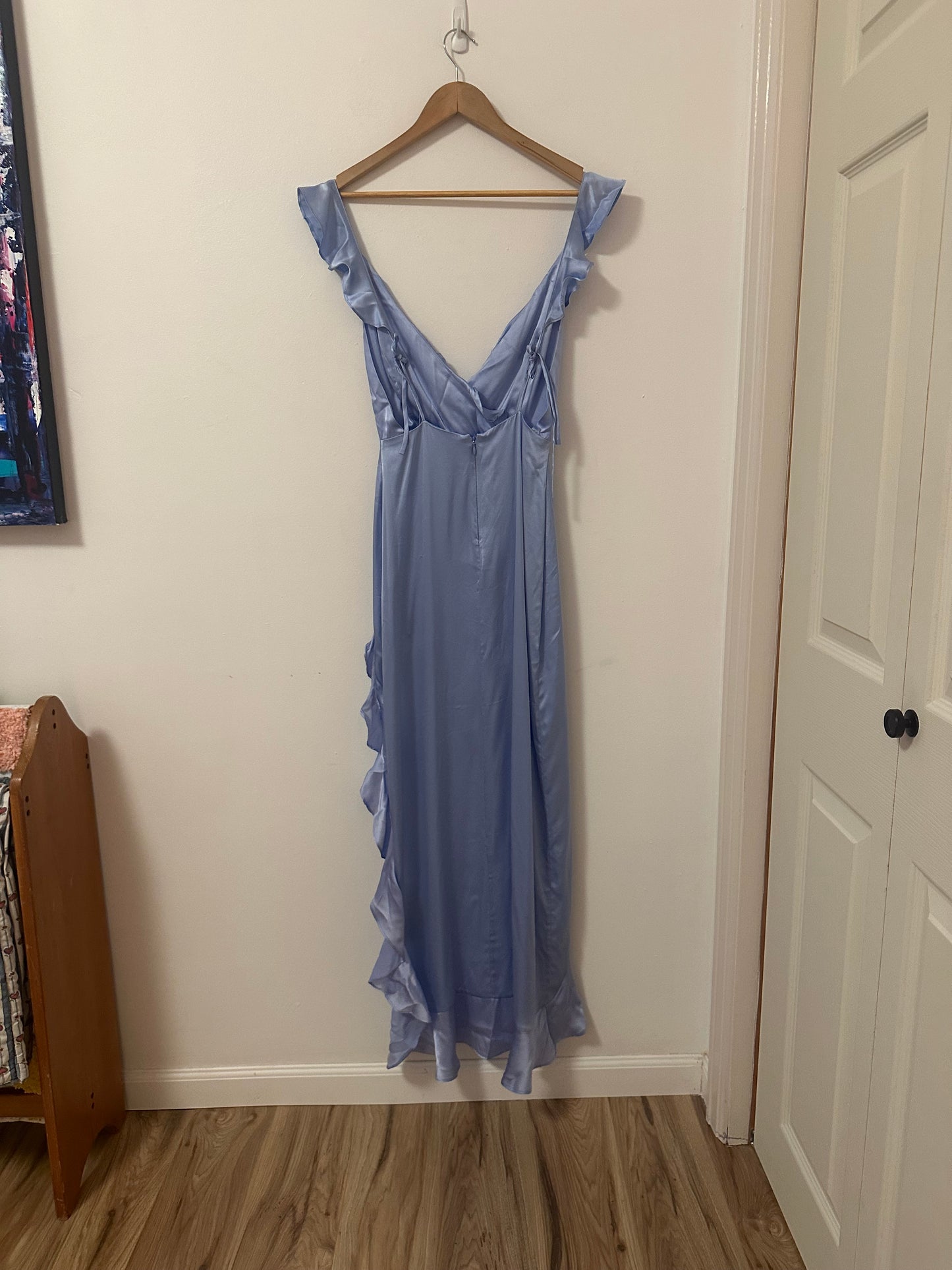 Amanda Uprichard Ruffle High Low Maxi Dress in Baby Blue Silk | Size Small
