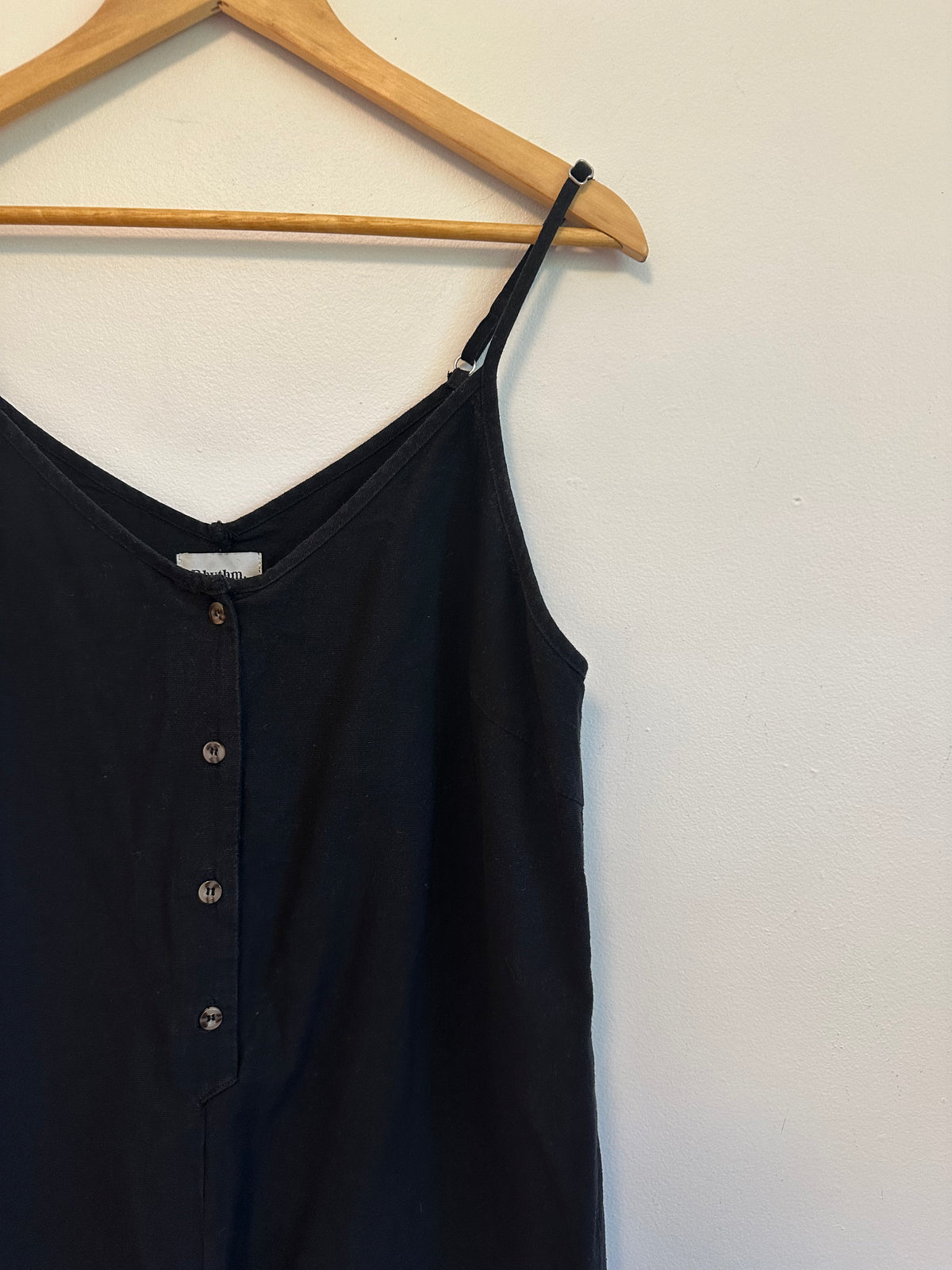 Rhythm Classics Black Button Front Adjustable Spaghetti Strap Romper | Size Large