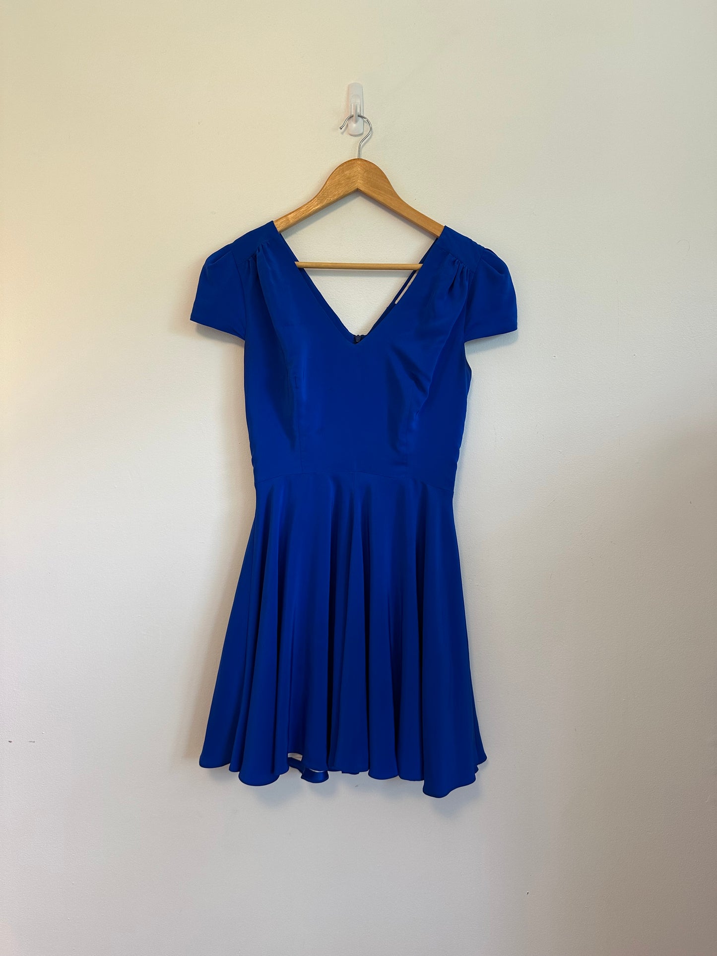 Amanda Uprichard 100% Silk V-Neck Cap Sleeve Skater Mini Dress in Royal Blue | Size Small