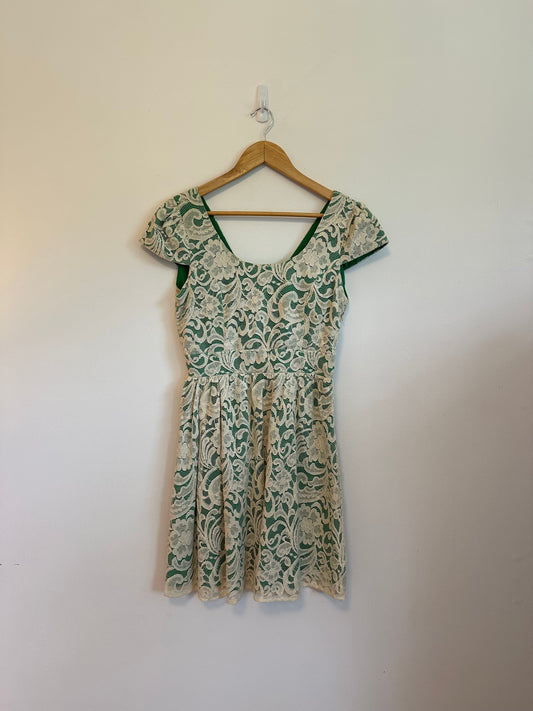 Monteau Los Angeles Green Floral Lace Cap Sleeve Fit Flare Mini Dress | Size Medium