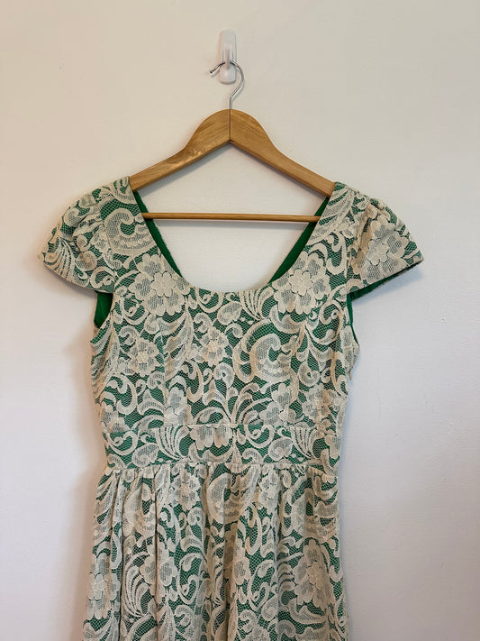 Monteau Los Angeles Green Floral Lace Cap Sleeve Fit Flare Mini Dress | Size Medium