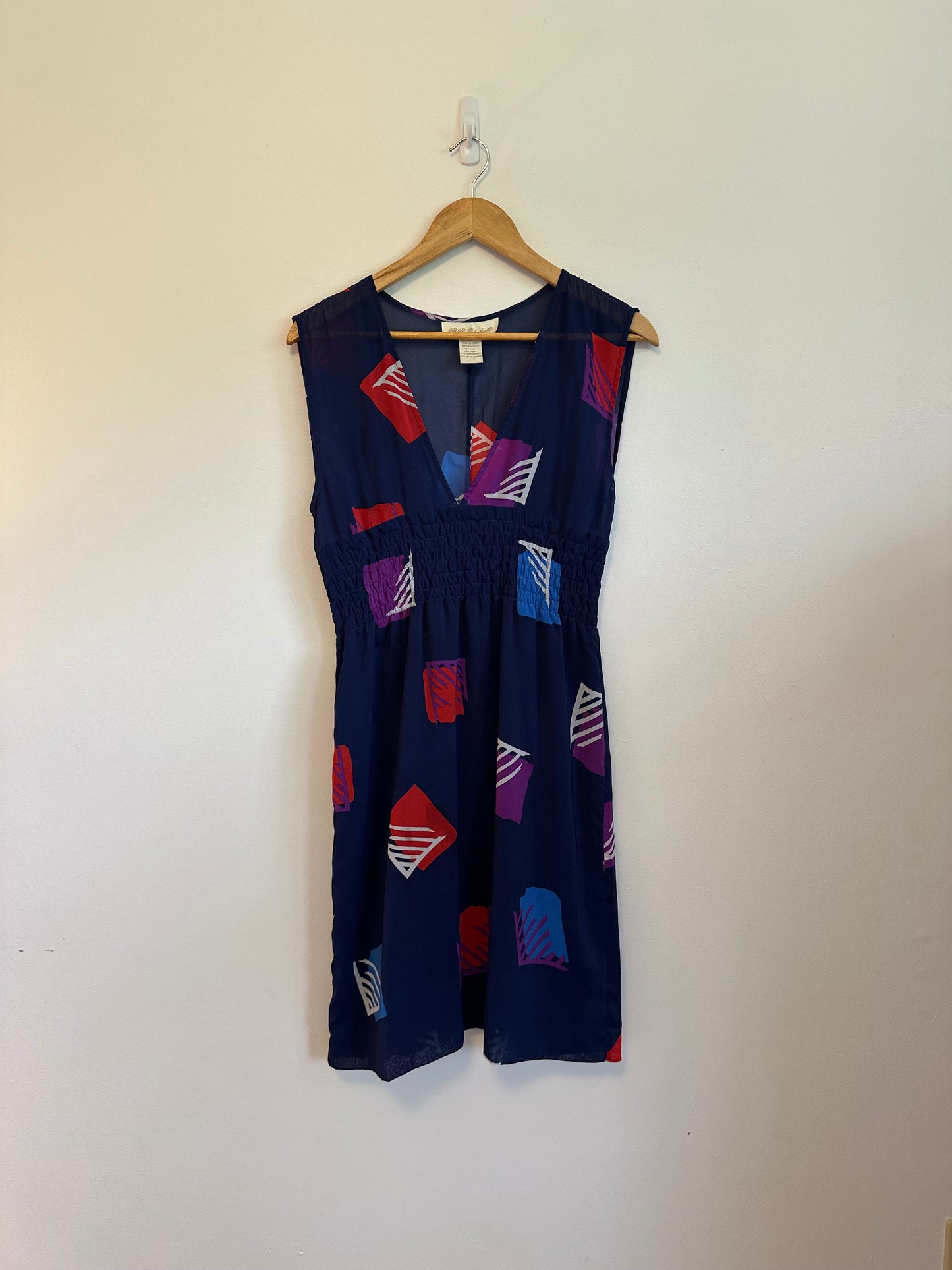 BB Dakota Navy Blue Abstract Geometric Smocked Empire Waist V-Neck Dress | Size Small