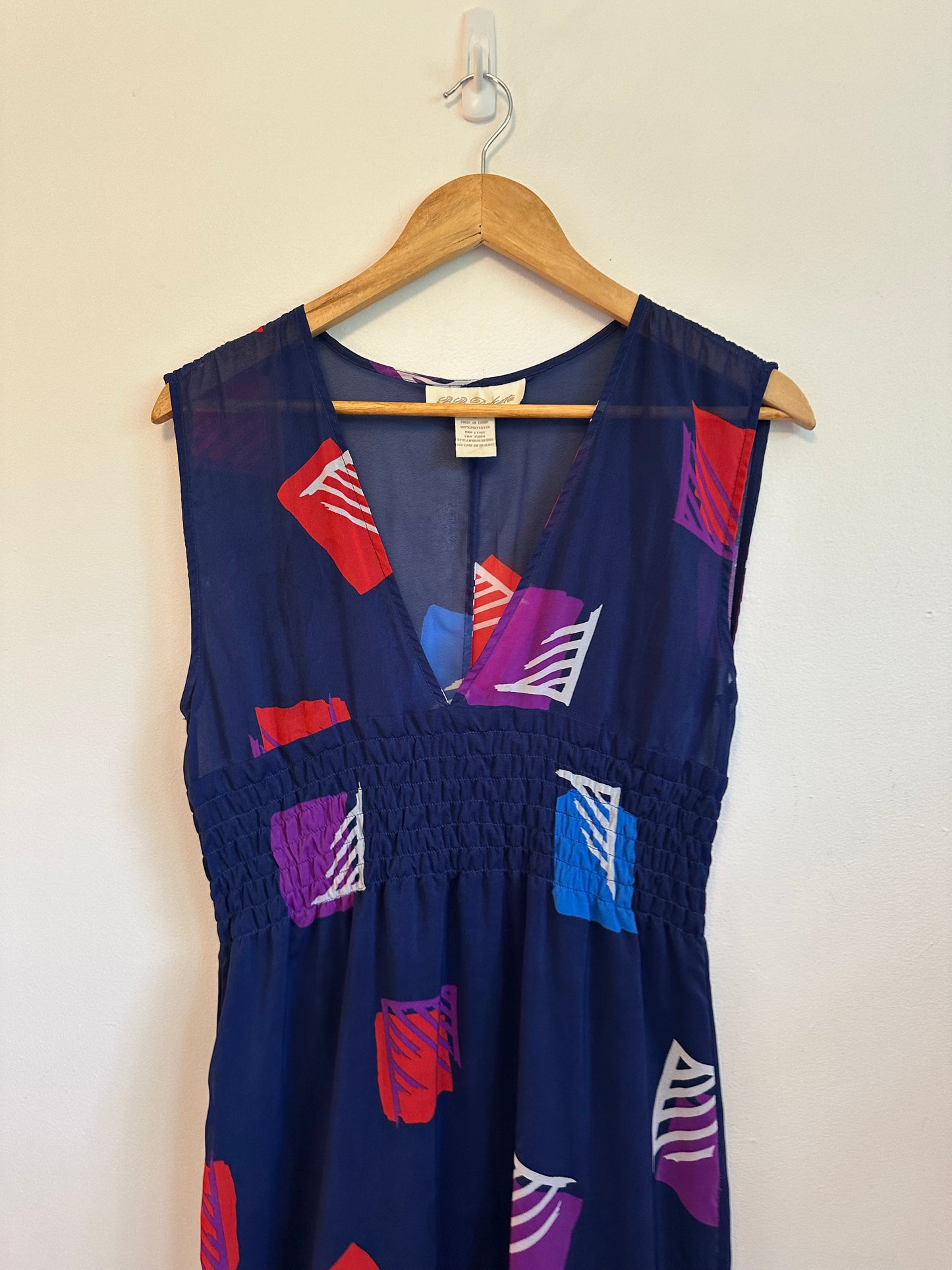 BB Dakota Navy Blue Abstract Geometric Smocked Empire Waist V-Neck Dress | Size Small