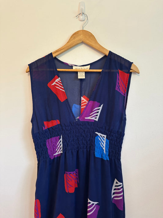 BB Dakota Navy Blue Abstract Geometric Smocked Empire Waist V-Neck Dress | Size Small