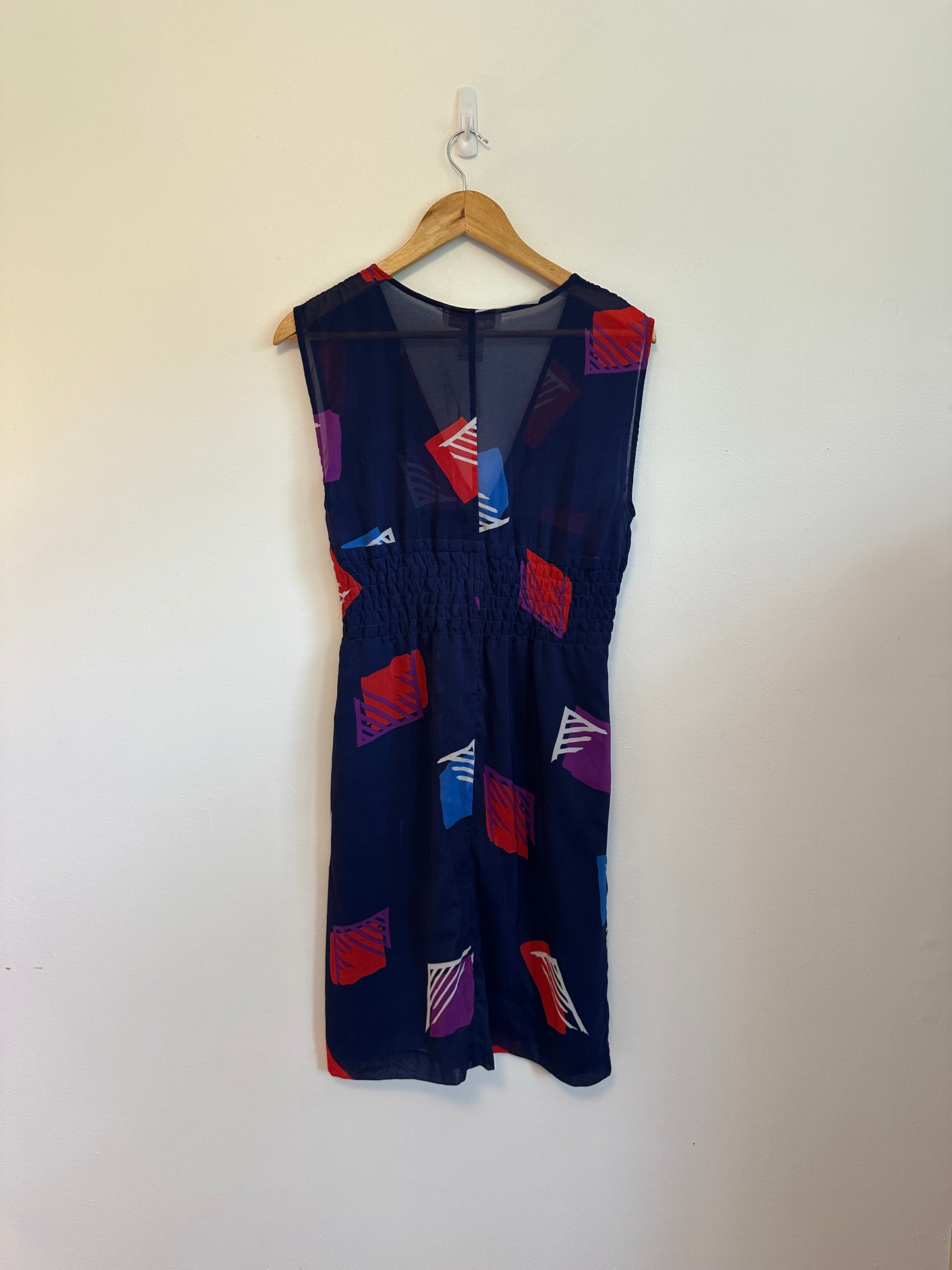 BB Dakota Navy Blue Abstract Geometric Smocked Empire Waist V-Neck Dress | Size Small