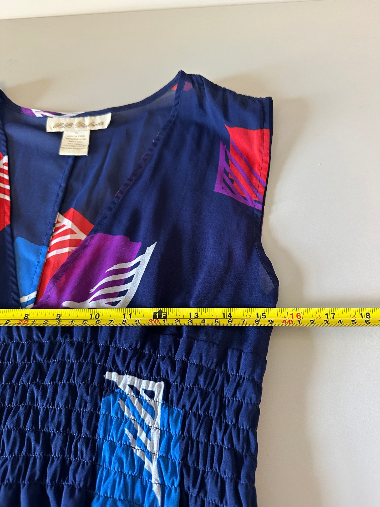 BB Dakota Navy Blue Abstract Geometric Smocked Empire Waist V-Neck Dress | Size Small