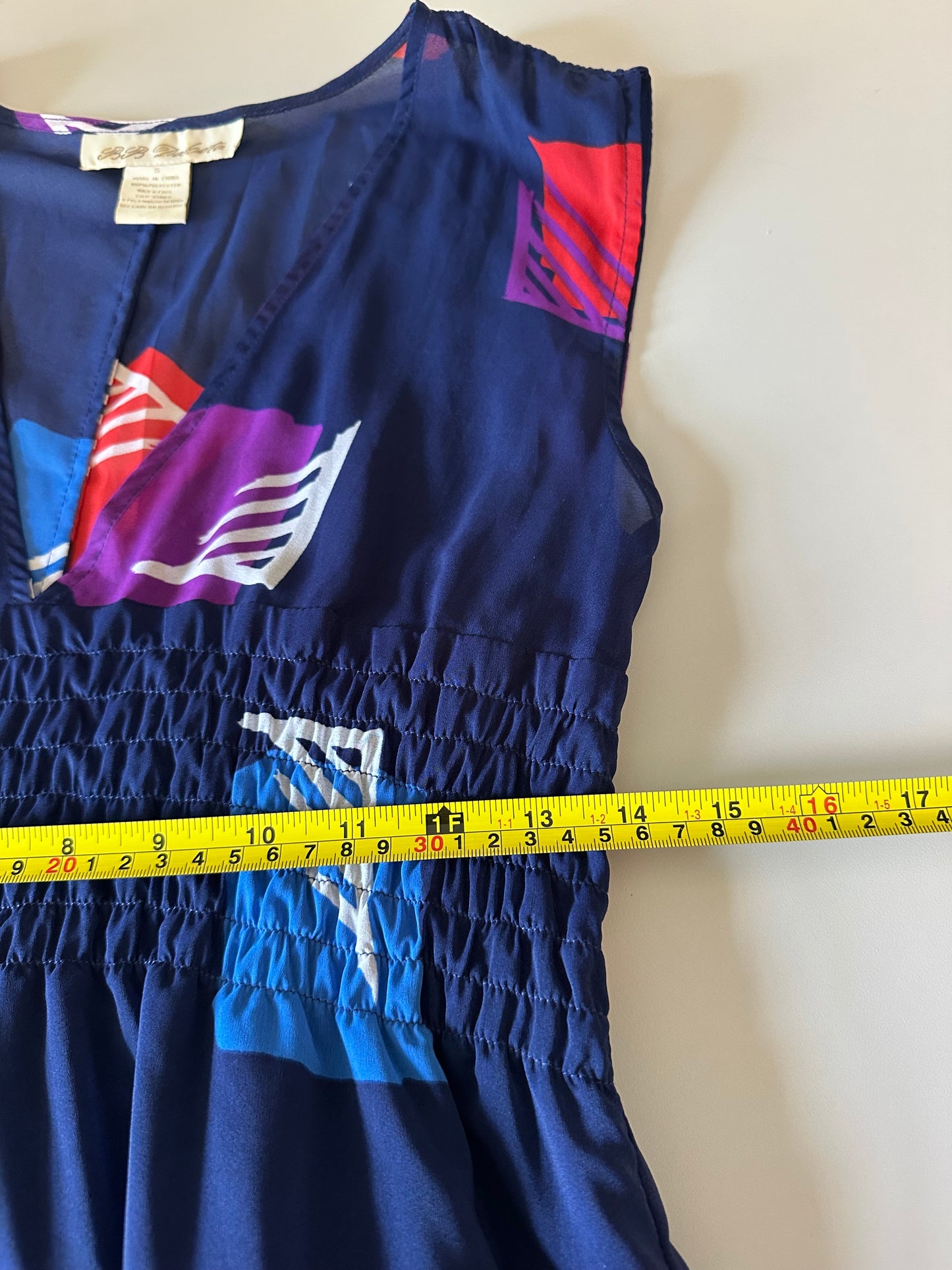 BB Dakota Navy Blue Abstract Geometric Smocked Empire Waist V-Neck Dress | Size Small